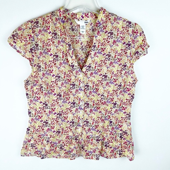 H&M Cottagecore Ditsy Floral Button Down Top Cotton Medium 10 Dainty Yellow Pink - Picture 1 of 7